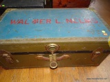 (ROW2 FRONT) OLIVE GREEN/BLUE/RED STEAMER TRUNK, MILITARY-STYLE FOOTLOCKER, LABELLED 