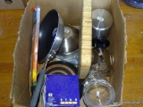 (UNDR TBL SEC2 L) BOX LOT: WOODEN BUTCHER BLOCK STYLE CHOPPING/CUTTING BLOCK. COFFEE POTS. TEFLON