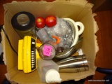 (UNDR TBL SEC1 R) BOX LOT OF KITCHEN ITEMS: CRAFTSMAN COFFEE THERMOS. BLENDER. MEASURING BOTTLE. AND