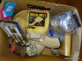 (UNDR TBL SEC2 R) BOX LOT: FLY SWATTERS. WOVEN HAT. MAGNIFYING GLASS. STACKING STORAGE CANS. HOMES