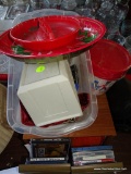 (LEFT SIDE, FRONT IN ROW OF TABLES) SMALL PLASTIC BINS WITH LOT OF MISC ITEMS INCLUDING RECIPE BOX,