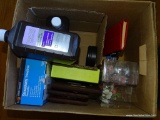 (TBL SEC4 L) BOX LOT: HYDROGEN PEROXIDE. COMET CLEANER. STOWAWAY TRAVEL IRON. BOWLING THEMED PICTURE