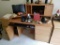 (OFF) PINE FINISH COMPUTER DESK WITH HUTCH STYLE TOP. HAS SPACE FOR A MONITOR, FILING PAPERWORK, A