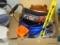 (GAR) LOT OF MISC. GARAGE SUPPLIES, INCLUDING SMALL ORANGE CONES, HOSES, SMALL ROUND DOLLY, TIRE