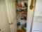 (K PTRY) LOT OF KITCHEN PANTRY ITEMS, INCLUDING COOKBOOKS, BROOMS/MOPS/DUSTERS, STEP STOOL, AND
