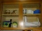 (K, CAB REF) LOT OF KITCHEN CABINET ITEMS ABOVE REFRIGERATOR, INCLUDING GE COFFEE POT AND BLUE