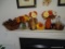(LR, MANTLE) LOT OF ASSORTED MANTLE DECOR, INCLUDING 2 BASKETS OF PINECONES/PINE NEEDLES, AND 4