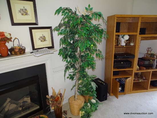 (LR) LOT OF ARTIFICIAL PLANTS/TREES, INCLUDING 75" TALL FICUS TREE IN LIGHT NATURAL COLORED BASKET,