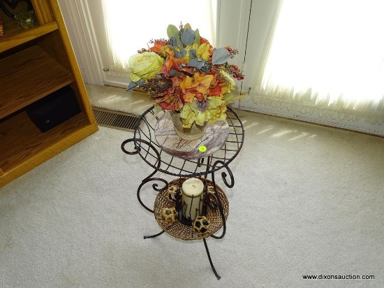 (LR) METAL AND WICKER PLANT STAND WITH DECORATIVE ARTIFICIAL FLOWERS AND PILLAR CANDLE, 33" HIGH