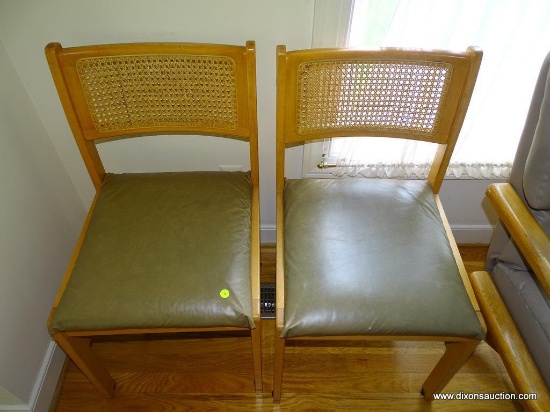 (BN) PAIR OF LIGHT OAK CHAIRS WITH WICKER BACKS AND OLIVE GREEN VINYL SEATS, 18"x30"x18"