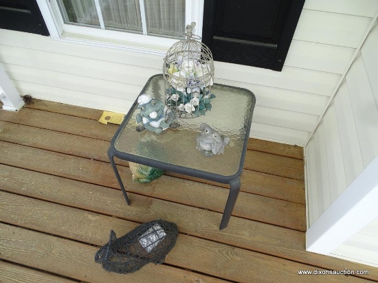 (F PORCH) PAIR OF WROUGHT IRON PATIO END TABLES WITH FROSTED GLASS TOPS, 20"x20"x16"