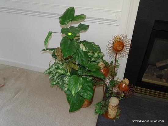 (LR) LOT OF HEARTH DECOR, INCLUDING ARTIFICIAL GREENERY/PLANT IN BASKET (35" TALL) AND COPPER TONE