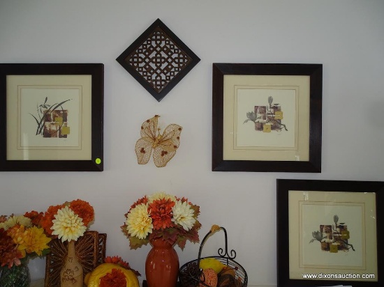 (LR WALL) LOT OF WALL DECOR, INCLUDING 4 SQUARE (2 EACH OF WOOD/WICKER) PLAQUES (8" SQUARE) , WOVEN