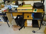 (OFF) OAK AND METAL DESK WITH 2 SHELVES FOR STORAGE ON THE RIGHT SIDE, AND AN UPPER SHELF FOR A
