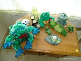 (UP) LOT OF FROG RELATED ITEMS: VOTIVE HOLDER. STATUES. SOAP HOLDER. AND MORE!