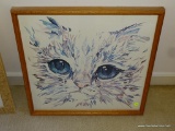 (MBR) FRAMED PRINT OF A CAT MADE OUT OF LEAVES IN AN OAK FRAME: 21