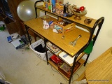 (3RD FLR) OAK AND METAL DESK WITH SLIDE OUT KEYBOARD TRAY, 2 SHELVES FOR STORAGE ON THE RIGHT SIDE,