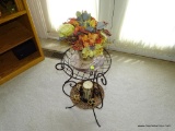 (LR) METAL AND WICKER PLANT STAND WITH DECORATIVE ARTIFICIAL FLOWERS AND PILLAR CANDLE, 33