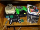 (3RD FLR) SONY PLAYSTATION 2 WITH MEMORY CARDS AND 2 CONTROLLERS. INCLUDES A JOYSTICK CONTROLLER.