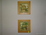 (BN, WALL) LOT OF COFFEE THEMED DECOR, INCLUDING 4 TRIVETS/WALL HANGING SQUARES, LIGHT OAK FRAMED