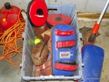 (GAR) LOT OF SPORTING EQUIPMENT IN AND AROUND BLUE PLASTIC TUB, INCLUDING FOOTBALLS, BASKETBALL,
