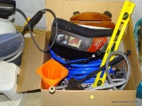 (GAR) LOT OF MISC. GARAGE SUPPLIES, INCLUDING SMALL ORANGE CONES, HOSES, SMALL ROUND DOLLY, TIRE