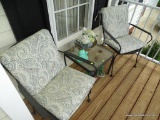 (F PORCH) PAIR OF WROUGHT IRON PATIO CHAIRS, EACH WITH TEAL/BLUE/WHITE/ORANGE BACK/SEAT CUSHIONS
