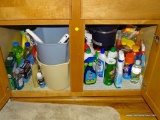 (L SINK) LOT OF ASSORTED KITCHEN CLEANING SUPPLIES, MANY BRAND NAME CLEANERS AND SOLUTIONS AS WELL