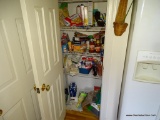 (K PTRY) LOT OF KITCHEN PANTRY ITEMS, INCLUDING COOKBOOKS, BROOMS/MOPS/DUSTERS, STEP STOOL, AND