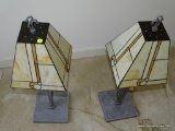 (LR) PAIR OF LAMPS, STAINED GLASS WITH BRUSHED SILVER TONE STANDS WITH SCROLLING DETAIL, 31
