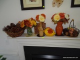 (LR, MANTLE) LOT OF ASSORTED MANTLE DECOR, INCLUDING 2 BASKETS OF PINECONES/PINE NEEDLES, AND 4