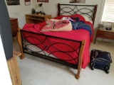 (BR2) METAL AND CHERRY FULL SIZE BED WITH METAL RAILS. INCLUDES THE MATTRESS AND BOX SPRINGS: