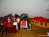 (BR2) LOT OF CARD PLAYING RELATED ITEMS: POKER CHIPS. POKER CHIP CADDY. PLAYING CARDS. ETC.