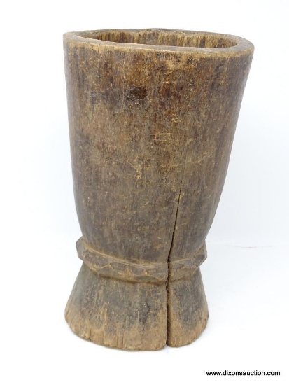 MORTAR, CARVED HARD WOOD PILLAR DECORATION BY ADZE AND CHISEL APPROXIMATELY 17.5? H, MID 20TH