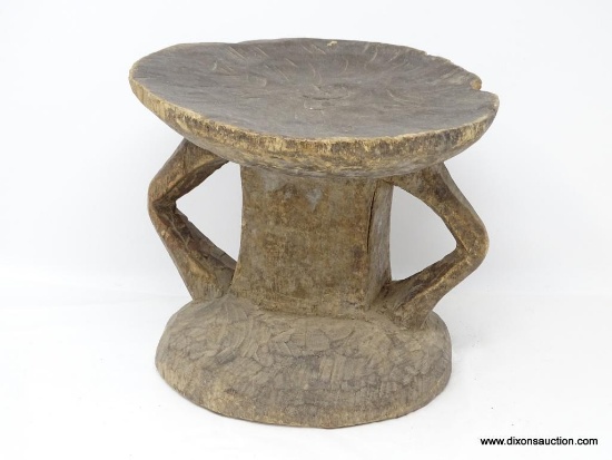 CUUNO ROUND STOOL TWO HANDLE, STRAIGHT SHAFT, CARVED HARD WOOD, MID 20TH CENTURY, ESTIMATED VALUE