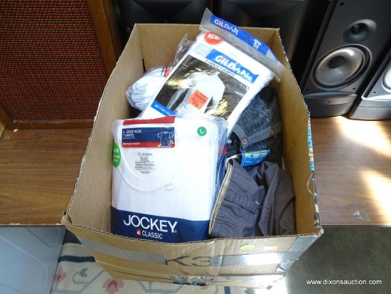 (R1) BOX LOT OF SOCKS, THERMAL SHIRT, T-SHIRTS, AND MORE! (MOST ARE BRAND NEW IN THE PLASTIC!)