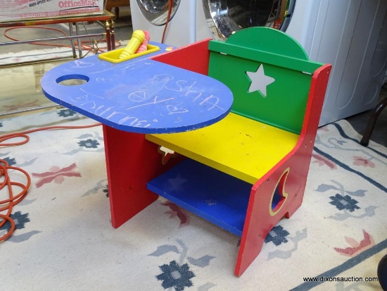 (R1) CHILDS MULTI COLORED DESK WITH SIDE POCKET FOR PEN/PENCIL/CRAYON/ETC. STORAGE AND LOWER STORAGE