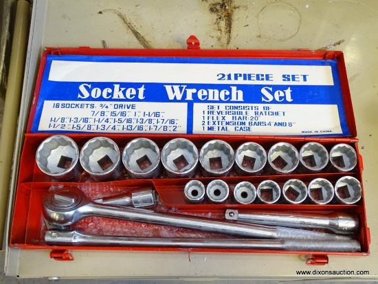 (R1) 21 PIECE SOCKET WRENCH SET WITH 16 SOCKETS, 1 REVERSIBLE RATCHET, 1 FLEX BAR: 20" LONG, 2