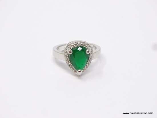 .925 STERLING LADIES 2 CT PEAR SHAPED EMERALD RING, SIZE 7