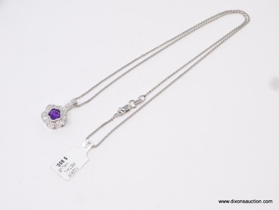 18KT WHITE GOLD AMETHYST AND .18PT DIAMOND PENDANT ON 18" NECKLACE, 6.4 GMS
