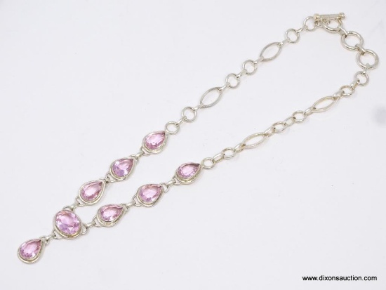 .925 STERLING SILVER 18" AAA TOP QUALITY HEAVY FACETED PINK TOPAZ DROP NECKLACE, TOGGLE CLASP,