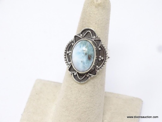 .925 STERLING SILVER GORGEOUS DETAILED LARIMAR RING, WIDE BAND, SIZE 6. RETAIL PRICE IS $79.00