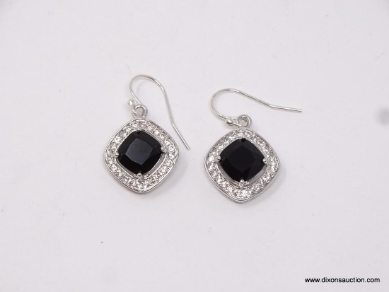 .925 STERLING SILVER 1 1/8" GORGEOUS FACETED BRAZILIAN BLACK ONYX WITH WHITE TOPAZ EARRINGS, RETAIL