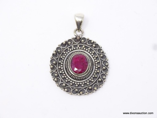 .925 STERLING SILVER 1 3/4" LARGE HANDMADE, AMAZING AFRICAN NATURAL RED RUBY PENDANT, RETAIL: $89.00