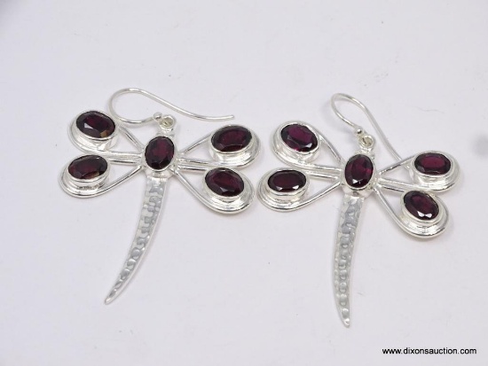 .925 STERLING SILVER 2" AMAZING HANDMADE LARGE DRAGONFLY GARNET EARRINGS, RETAILS FOR $69.00