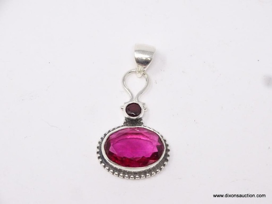 .925 STERLING SILVER 1 1/2" PRETTY FACETED DETAILED RUBYLITE AND GARNET ACCENT PENDANT, RETAILS FOR