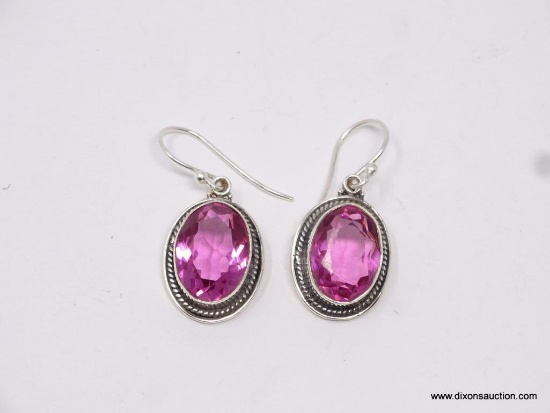 .925 STERLING SILVER 1 1/8" DETAILED FACETED RUBELLITE EARRINGS, RETAIL: $49.00