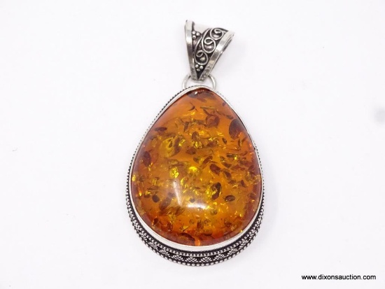 .925 STERLING SILVER 2 1/2" LARGE AND AMAZING AMBER DETAILED PENDANT, RETAIL: $89