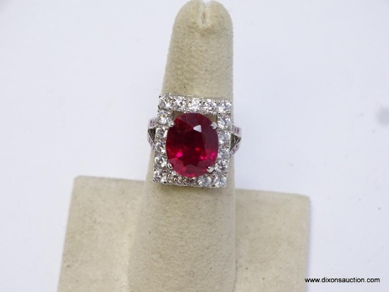 .925 STERLING SILVER AAA TOP QUALITY 7.85CT OVAL FACETED MADAGASCAR RED RUBY WITH 12PCS OF ROUND