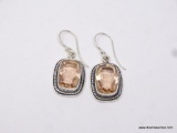 .925 STERLING SILVER 1 1/8 DETAILED EMERALD CUT MORGANITE EARRINGS, RETAIL: $59.00